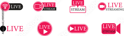 Live Streaming Icon set. Vector for streaming, live broadcast, blog, television, shows, live performances, news and various video content. Live broadcasting buttons and symbols. Vector illustration.