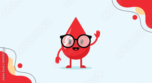 Cute and friendly cartoon blood drop character wearing glasses and waving, serving as a mascot for blood donation and healthcare. Medical and charity vector illustration.