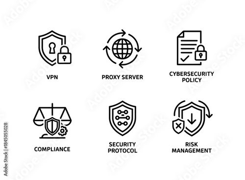 VPN Proxy Server Cybersecurity Policy Compliance Security Protocol Risk Management Icon Set
