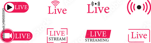 Live Streaming Icon set. Vector for streaming, live broadcast, blog, television, shows, live performances, news and various video content. Live broadcasting buttons and symbols. Vector illustration.