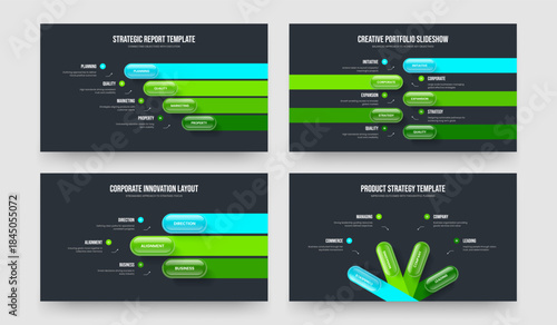 Creative Plan Four Five Three Option Infographic Frame Layout Vector Illustration Bundle. Corporate Strategy 4 5 3 Element Diagram Slide Template Collection.