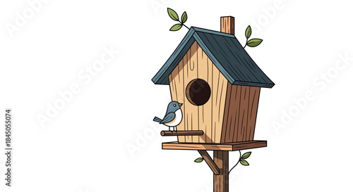 Charming cartoon illustration of a small blue bird perched on a wooden birdhouse with green leaves, isolated on a white background.