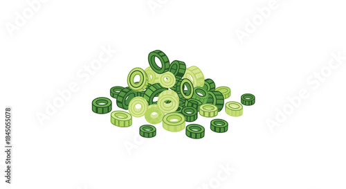 Pile of freshly chopped green onion rings, showcasing various shades of green, isolated on a clean white background for culinary use.