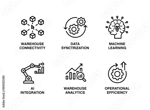 Warehouse Connectivity Data Synchronization Machine Learning AI Integration Warehouse Icon Set