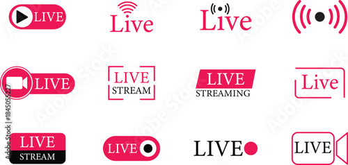 Live Streaming Icon set. Vector for streaming, live broadcast, blog, television, shows, live performances, news and various video content. Live broadcasting buttons and symbols. Vector illustration.