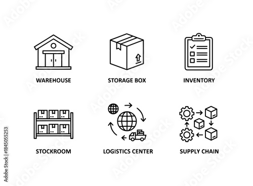 Warehouse Storage Box Inventory Stockroom Logistics Center Supply Chain Minimal Icon Set