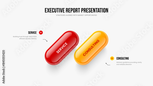 Market Development 2 Element Diagram Frame Layout. Modern Campaign Two Option Infographic Slide Design. Company Innovation Slideshow Template Vector Illustration.