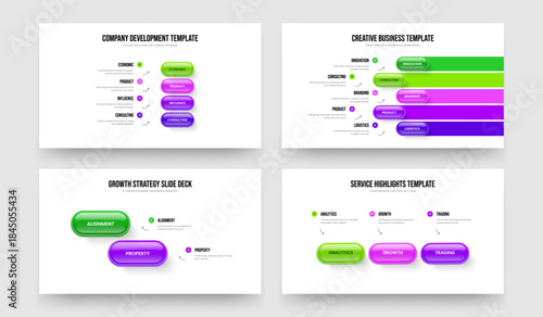 Consulting Review 4 5 2 3 Element Diagram Frame Design Bundle. Professional Overview Four Five Two Three Step Infographic Slideshow Layout Vector Illustration Set.