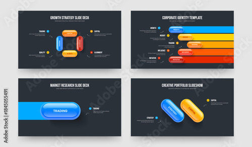 Market Report 4 5 1 2 Step Diagram Slide Template Set. Product Growth Four Five One Two Element Infographic Presentation Layout Vector Illustration Collection.