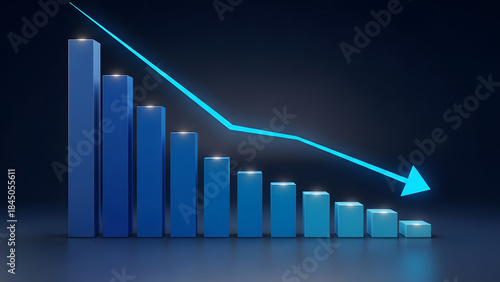 Three dimensional rendering of blue bar chart depicting significant financial decline failure or market crash with large downward arrow