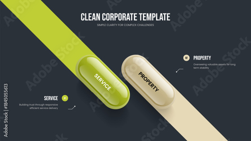 Enterprise Solution 2 Option Infographic Slideshow Design. Professional Review Frame Template Vector Illustration. Sales Visualization Two Step Diagram Slide Layout.