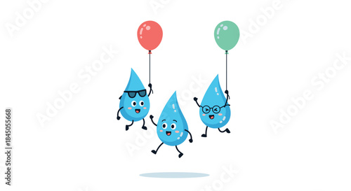 Three cheerful water drop cartoon characters having fun, running together while holding red and green balloons on a white background.