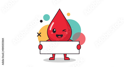 Cute red blood drop mascot winking and holding a blank sign for custom text, perfect for blood donation awareness campaigns.