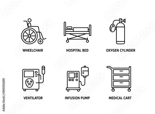 Wheelchair Hospital Bed Oxygen Cylinder Ventilator Infusion Pump Medical Cart Minimal Icon Set