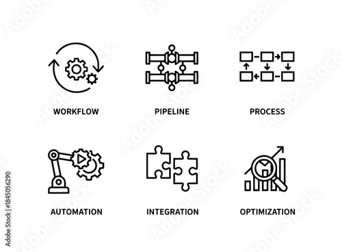 Workflow Pipeline Process Automation Integration Optimization Minimal Bold Line Icon Set