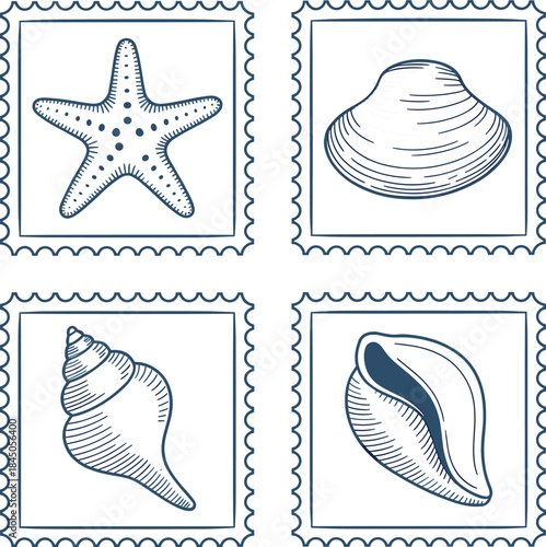 Four blue line art postage stamps with seashells and starfish