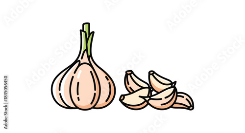Simple cartoon illustration of a whole garlic bulb with a green sprout and a small pile of individual cloves on a white background.