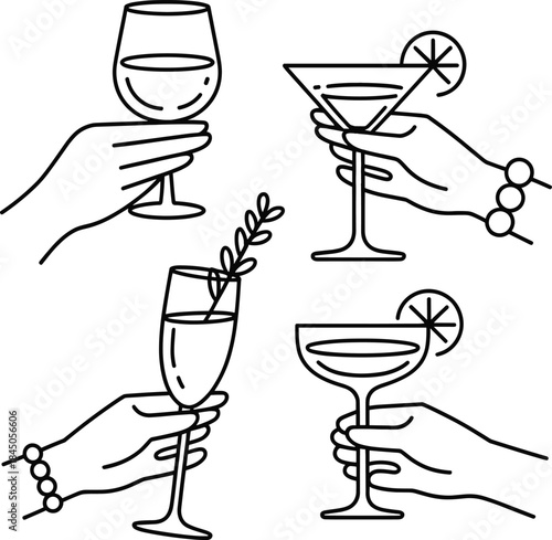 Four hands holding different cocktail glasses with garnishes