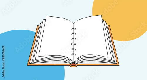 Open book with blank white pages for copy space, illustrated in a clean line art style against a colorful abstract background.