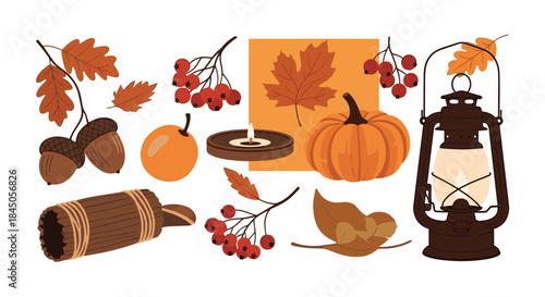 Cozy autumn collection including a vintage lantern, pumpkin, fall leaves, acorns, and berries, illustrated in a warm, rustic style.