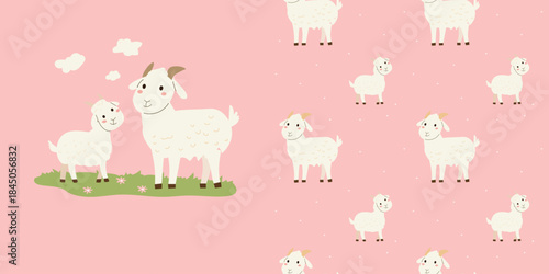 Set of cottage decore pink pattern with goat and kids baby animal and clouds print. Vector illustration on pink background.