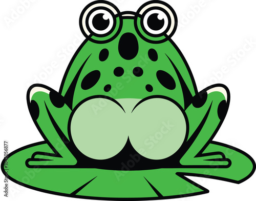 Green cartoon frog with big eyes on a lily pad amphibian