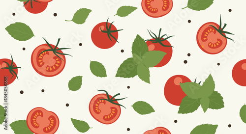 Seamless pattern with red cherry tomatoes, fresh green basil leaves, and black peppercorns, ideal for an Italian cuisine theme.