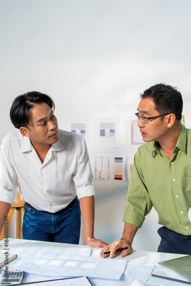 Obraz premium Architect Engineer Design Working on Blueprint Planning Concept. Construction Concept