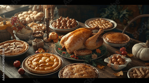 Festive Thanksgiving dinner table with roasted turkey, pumpkin pies, and autumn harvest decorations in warm rustic lighting