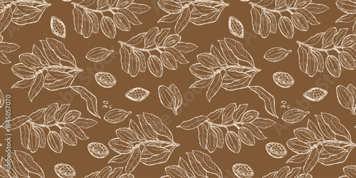 Hand drawn brown cocoa chocolate seamless pattern. Cacao fruits and leaves, seeds in sketch style. Outline vector illustration. Cocoa chocolate fruits background.