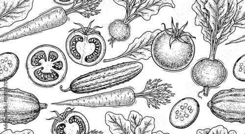 Vegetable Garden Pattern Engraving Illustration – Fresh Produce Botanical Seamless Vintage Line Art