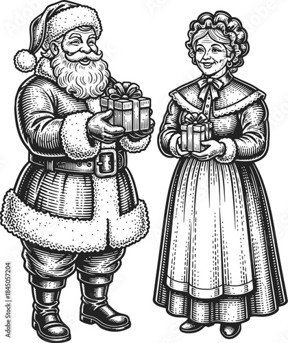 Santa Claus and Mrs Claus Engraving Illustration – Vintage Christmas Gift Exchange Line Art