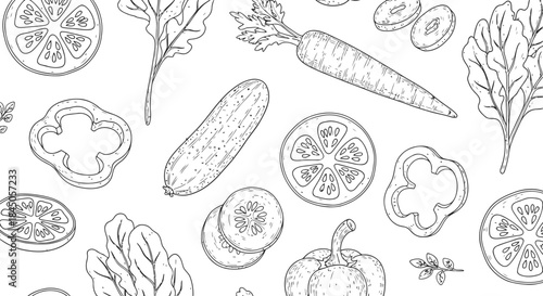 Vegetable Outline Pattern Engraving Illustration – Fresh Produce Botanical Seamless Vintage Line Art