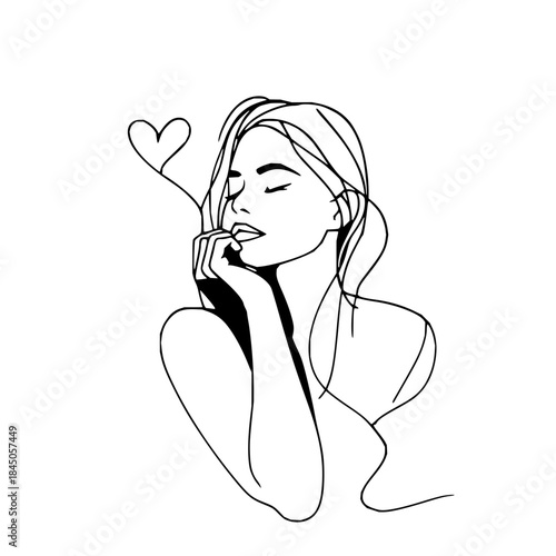 Line art of a woman with closed eyes resting her chin on her hand with a heart shape above her head
