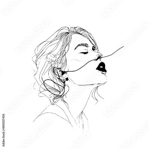 Elegant monochrome sketch of a woman with closed eyes and a line across her face in profile view