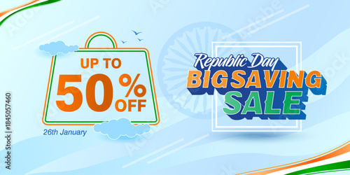 Creative Republic Day big saving sale vector featuring up to 50% off message with shopping bag illustration and tricolor theme. Suitable for festive sales, promotions, digital ads, banners.