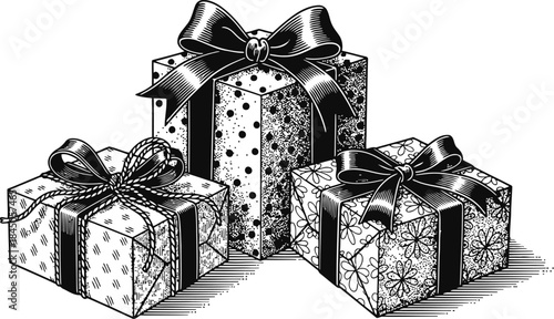 Wrapped Gift Boxes Engraving Illustration – Festive Present Collection Holiday Vintage Line Art
