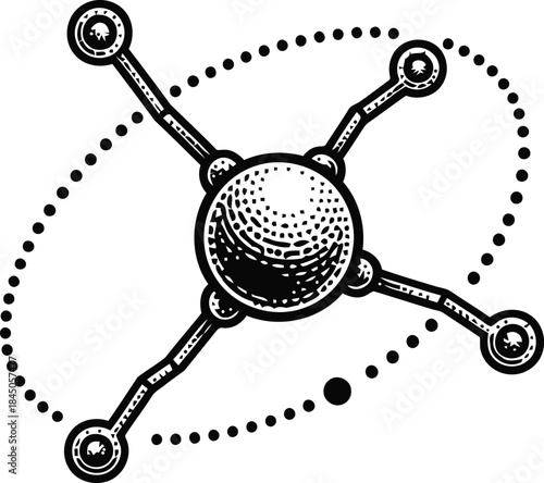 Atomic Molecule Model Engraving Illustration – Science Chemistry Structure Vintage Line Art