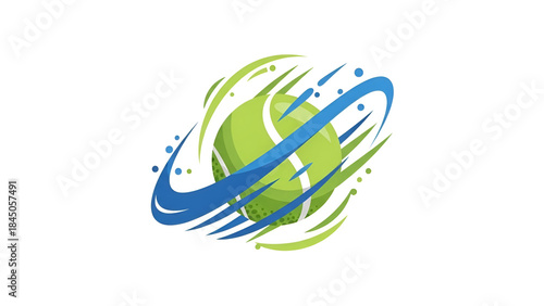 Abstract vector illustration of a tennis ball surrounded by dynamic blue and green motion swirls, representing speed, energy, and modern sports design on a white background.