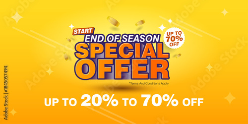 Professional end of season sale vector banner featuring special offer text and up to 70% discount. Bright colors, modern typography and clean layout make it suitable for clearance sales, retail promot