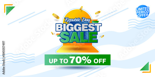 Clean and professional Republic Day biggest sale vector banner with white and blue background. Features bold sale typography, tricolor accents and discount message. Ideal for web banners.