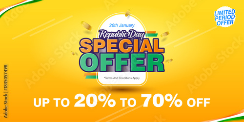 Bright yellow Republic Day sale vector featuring special offer text, limited period badge and discount message. Clean and eye-catching design with Indian tricolor style.