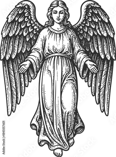 Guardian Angel Engraving Illustration – Heavenly Winged Figure Spiritual Vintage Line Art