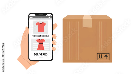 Order Process and Delivery Status with Phone and Package Illustration