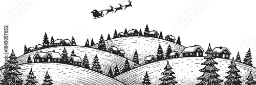 Santa Flying Over Winter Hills Engraving Illustration – Christmas Landscape Vintage Line Art