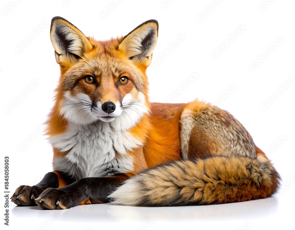 Fototapeta premium Beautiful red fox resting gracefully high resolution photo in a white background