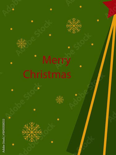 Christmas vertical card. Vector illustration. Green tree with a red star and yellow streamers. Golden snowflakes and the text "Merry Christmas" on a green background. New Year's background.