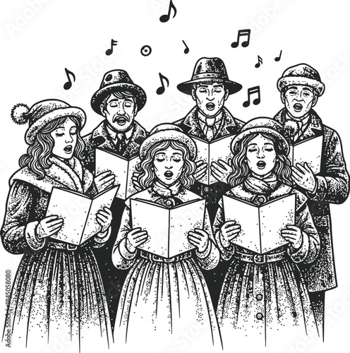 Christmas Carol Singers Engraving Illustration – Festive Choir Winter Holiday Vintage Line Art