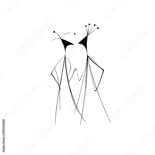 Abstract illustration of two figures with tall hats and thin bodies in black and white style art work