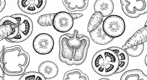 Sliced Vegetables Pattern Engraving Illustration – Fresh Produce Botanical Vintage Line Art